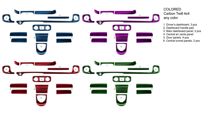 TopCar Interior Parts (1–6) Colored Carbon Twill 4×4, any color for G-wagen W465 – Inferno Lights Edition