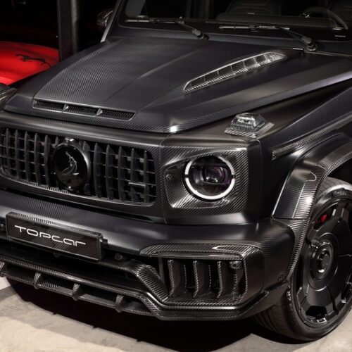 TopCar Inferno Front Bumper with Carbon Air Intakes and Number Plate Holder (Primed Carbon) for 2025 Mercedes G-Wagon W465